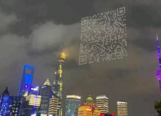 What does a QR code made of drones in Shanghai skyline tell you?